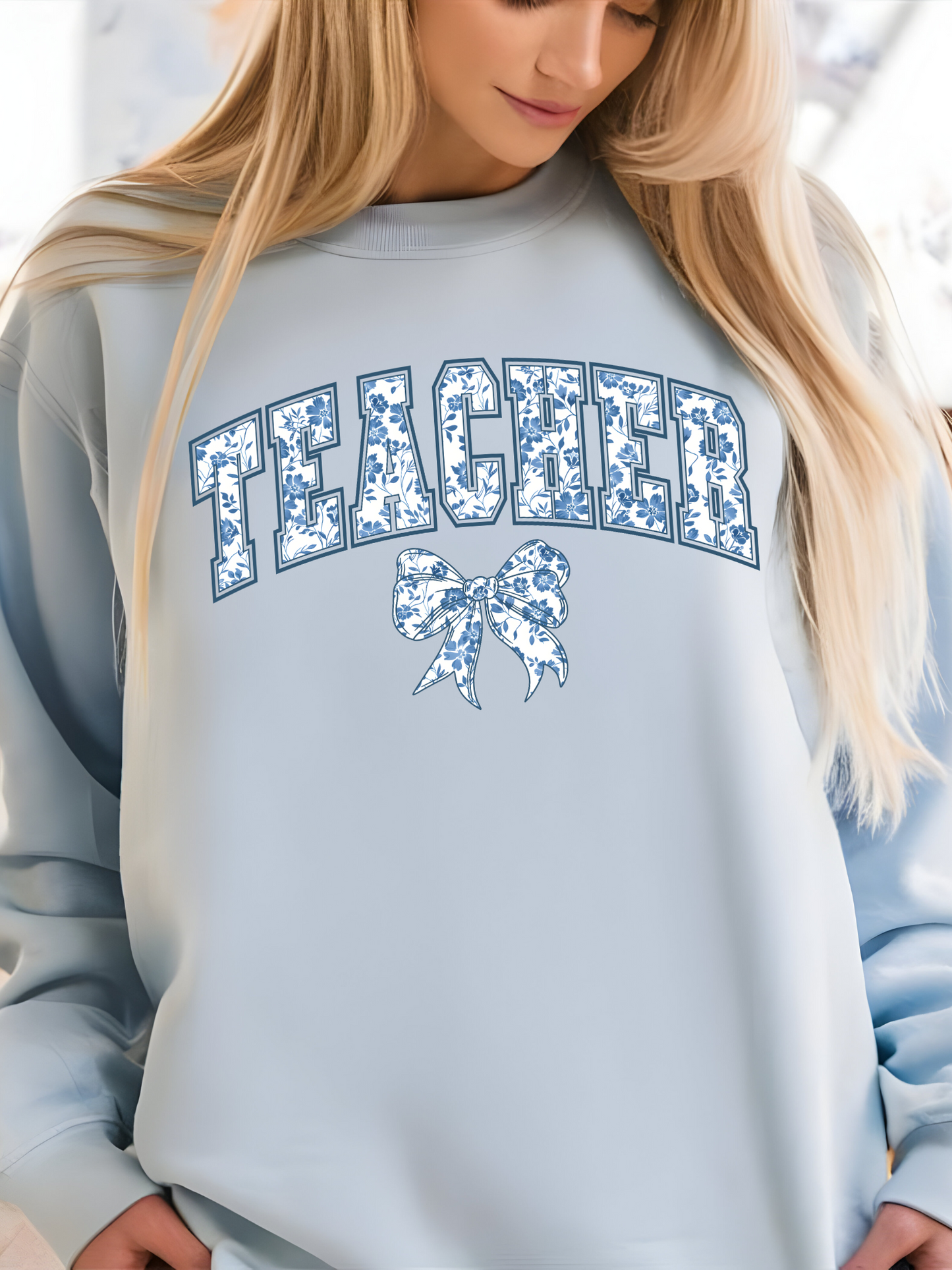 Preppy Coquette Blue Toile Teacher with Bow