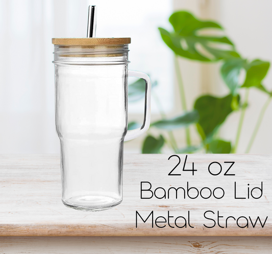 Custom 24 0z Glass Cup With Bamboo Lid and Metal Straw