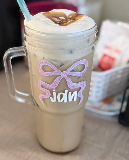 Custom 24 0z Glass Cup With Bamboo Lid and Metal Straw