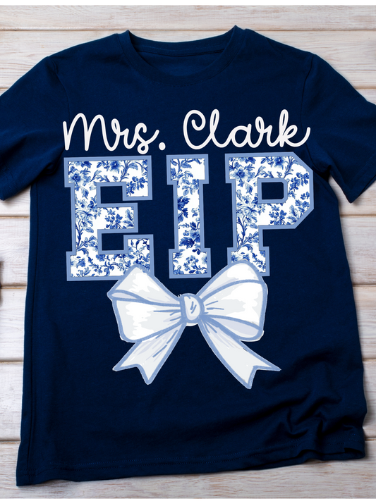 Custom Grade Level Preppy Blue Toile With Bow