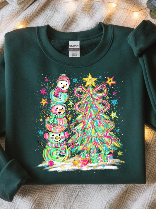 Preppy Paint Stroke Stacked Snowman with Christmas tree