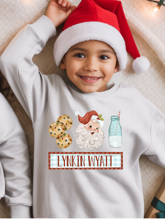 Custom Name Santa Cookies and Milk Faux Embroidery