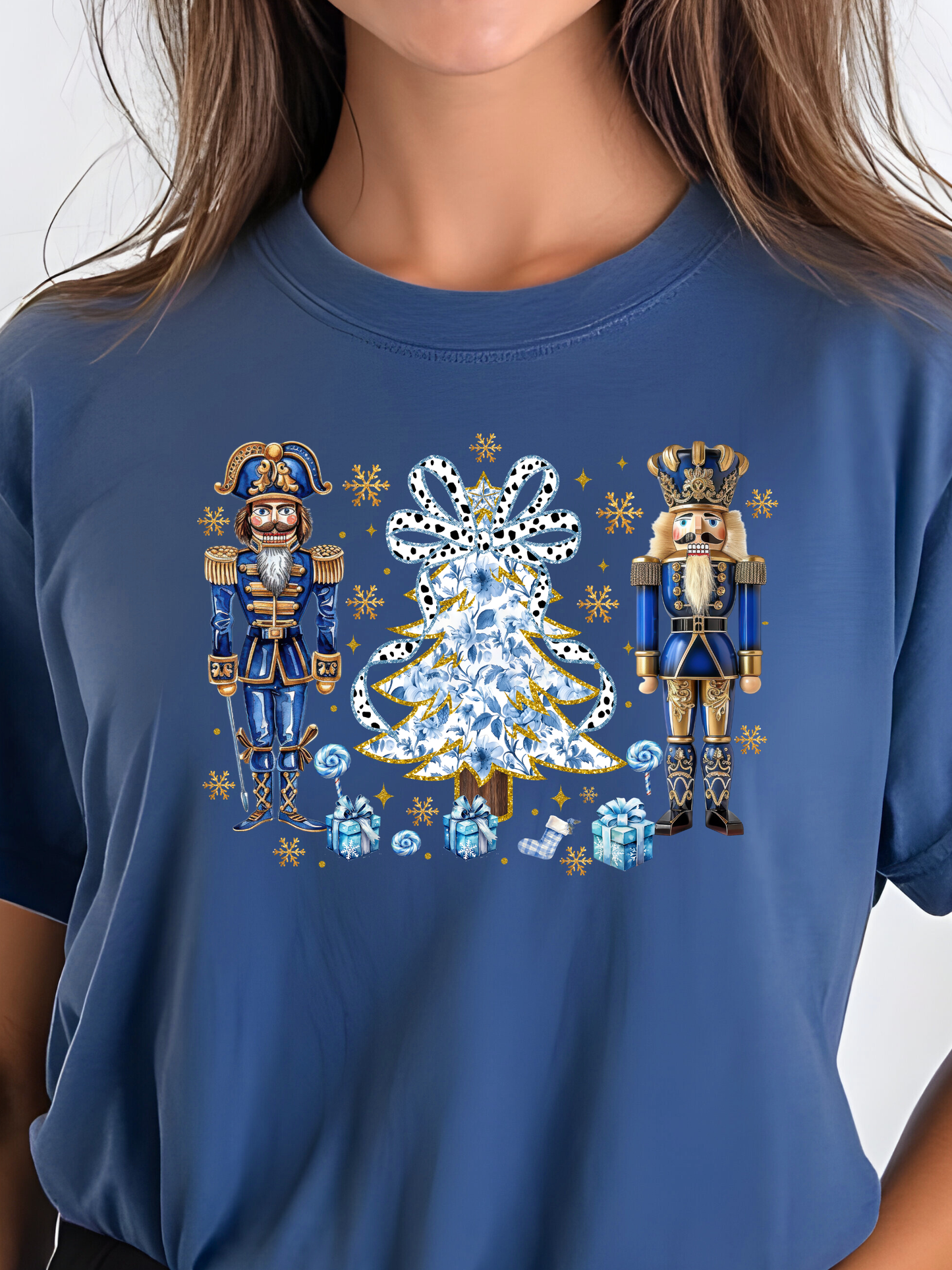 Blue Preppy Nutcracker With Tree Skinny Bow
