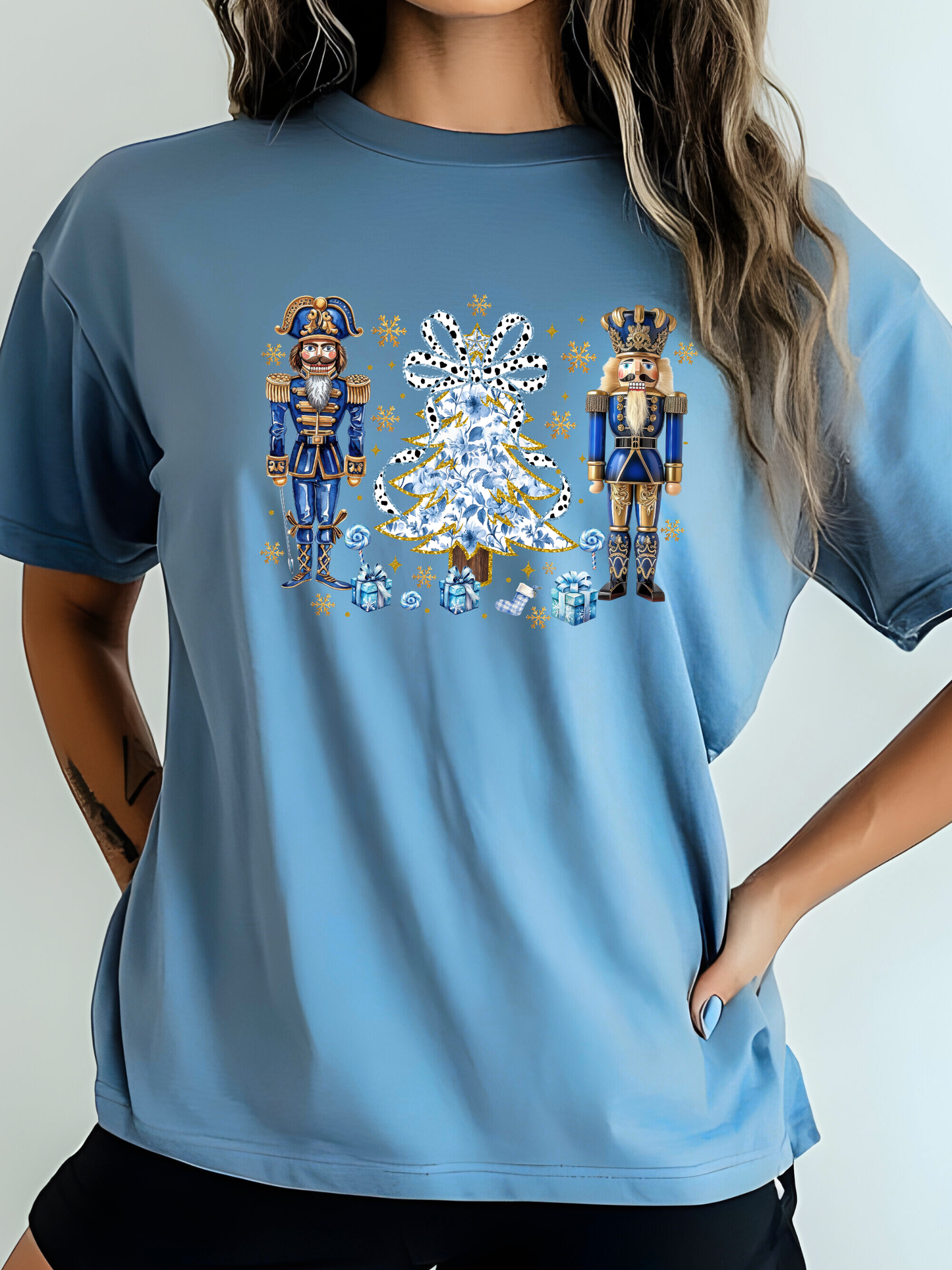 Blue Preppy Nutcracker With Tree Skinny Bow