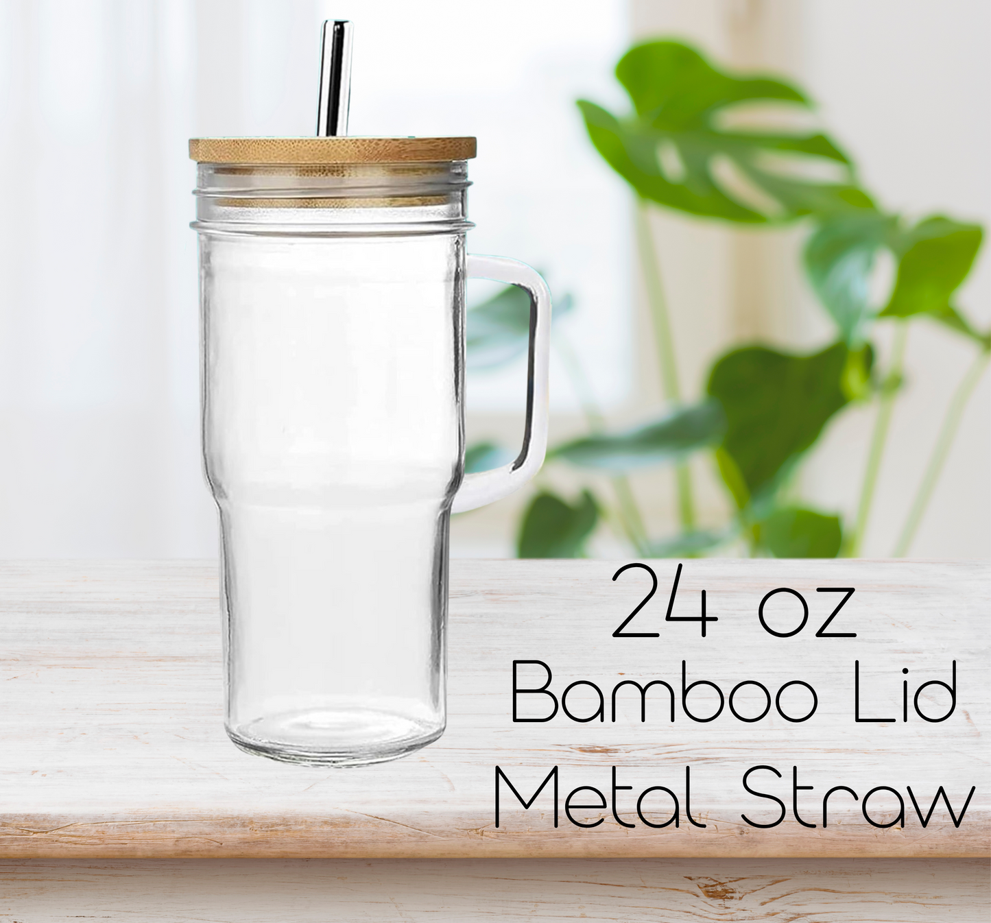 Custom 24 0z Glass Cup With Bamboo Lid and Metal Straw