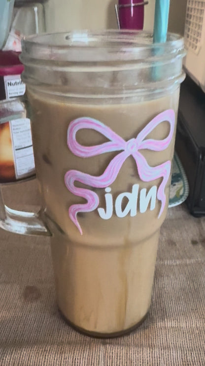 Custom 24 0z Glass Cup With Bamboo Lid and Metal Straw
